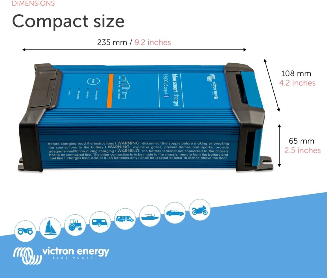 Victron Energy Blue Smart IP22 12-Volt 30 amp 120VAC, 3 Output Battery Charger NEMA 5-15, Bluetooth