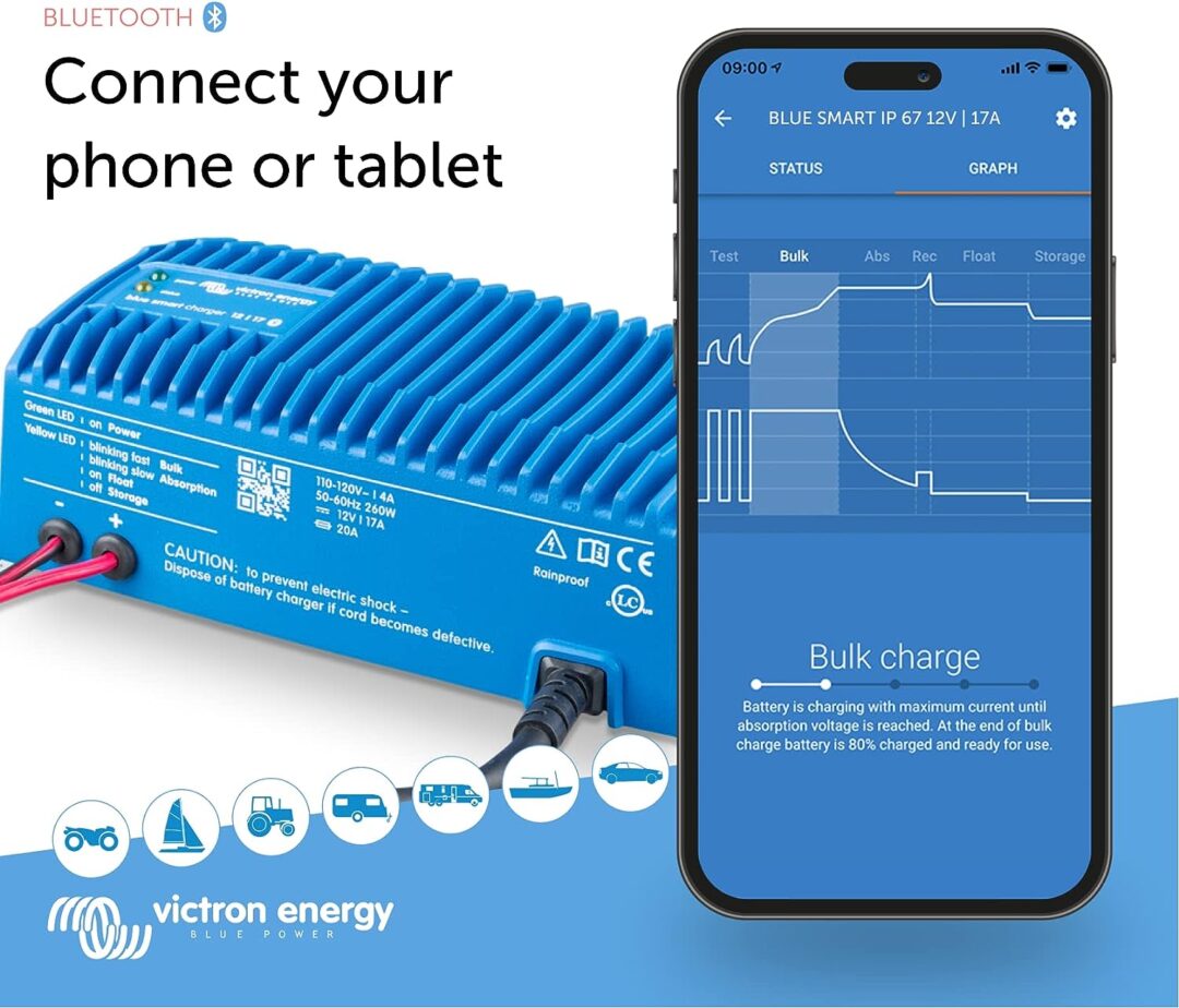 Victron Energy Blue Smart IP67 12-Volt 17 amp 120VAC Battery Charger with NEMA 5-15 Plug (Bluetooth)